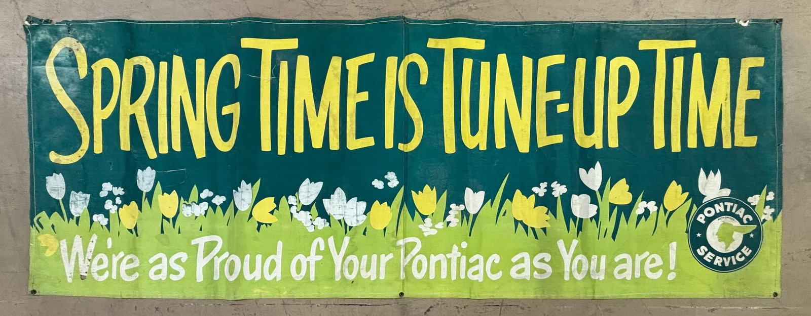 Pontiac Service Spring Time Is Tune Up Time 1960s Canvas Advertising Banner Sign: 92" x 34" - wear as shown