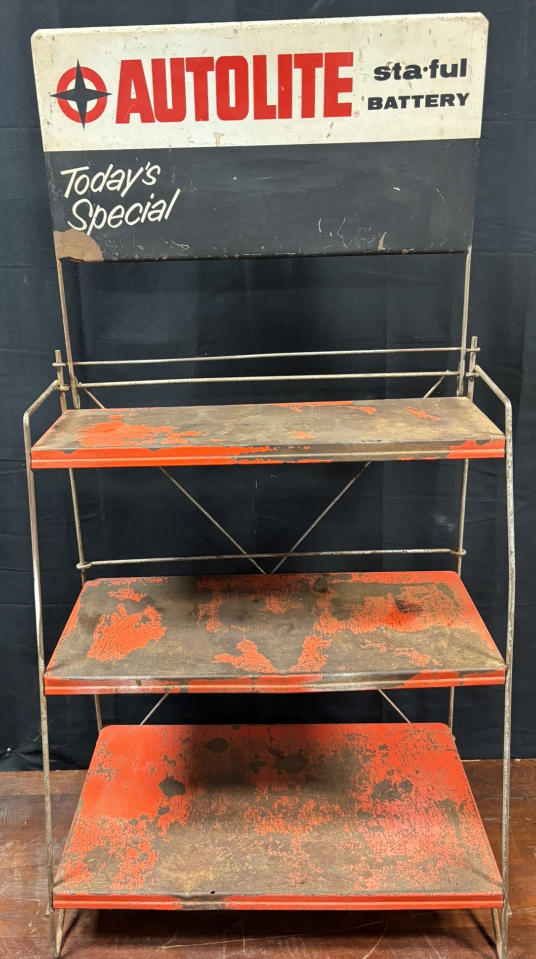 Autolite Staful Battery Today's Special Original Metal Store Display Rack Sign: 25.5" x 15" x 49" tall