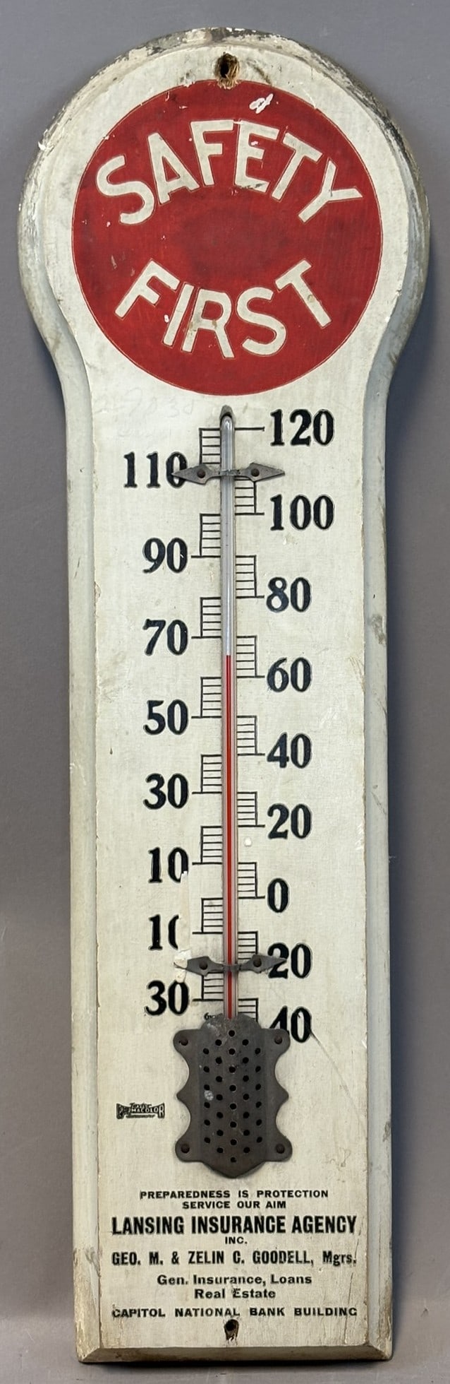 Safety First Lansing Insurance Agency Key Hole Wooden Advertising Thermometer: 6.5" x 21"