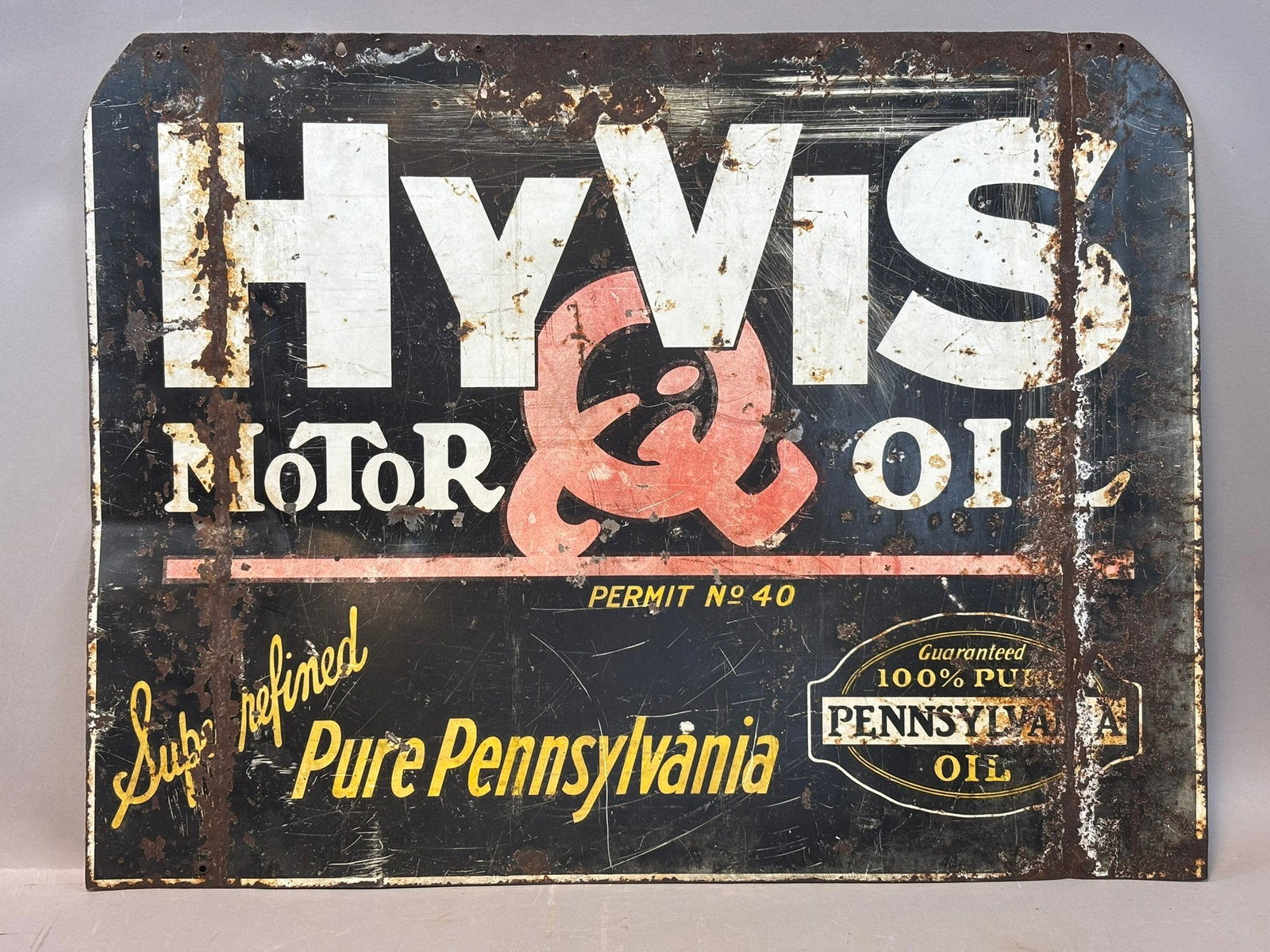 Hyvis Motor Oil DST Tin Metal Pennsylvania Oil Advertising Service Station Sign: 26" x 20"
