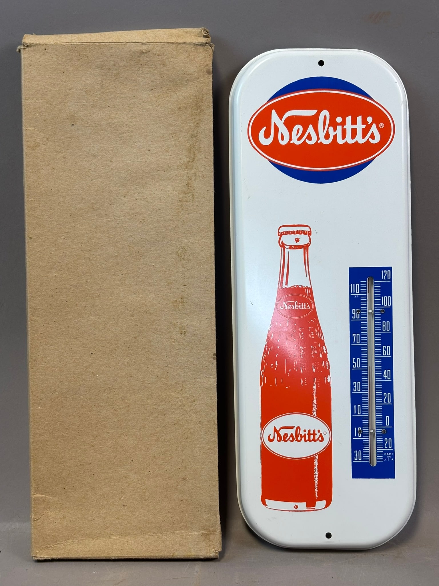 Nesbitt's NOS Soda Pop 16" Working Thermometer Sign w/ Original Shipping Box: 6" x 16"
