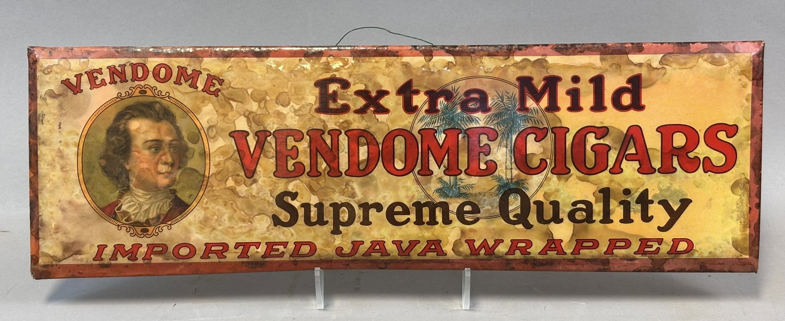 Vendome Cigars Extra Mild Supreme Quality Original Celluloid Over Cardboard Sign: 18" x 5.5"