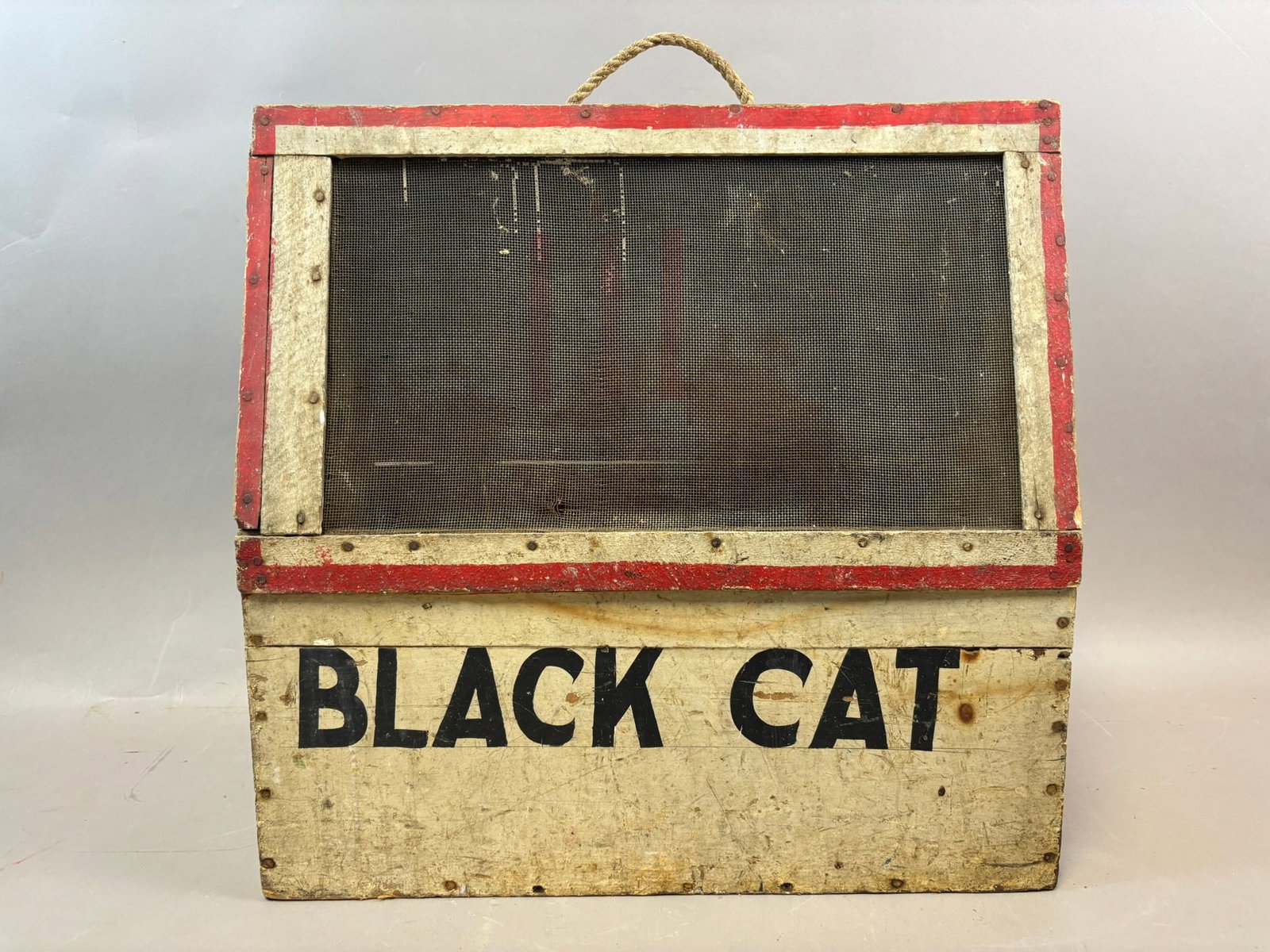 1920s Black Cat Painted Wooden Rooster Cock Fight Carrying Cage Case: 18" x 10" x 17.5"