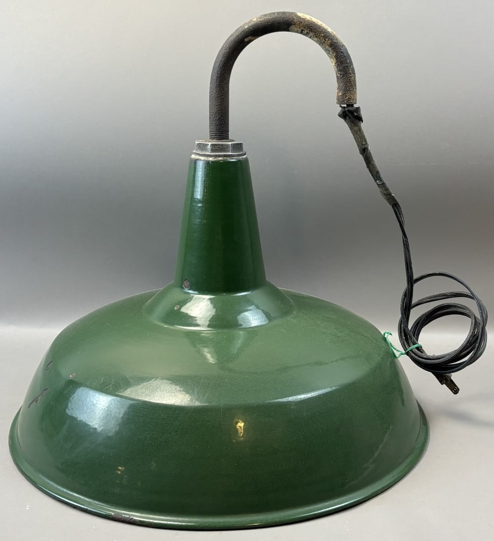 40s Original Green Porcelain 18" Gas Service Station Lamp Shade w/ Cast Iron: 18" x 18" - light chips as shown