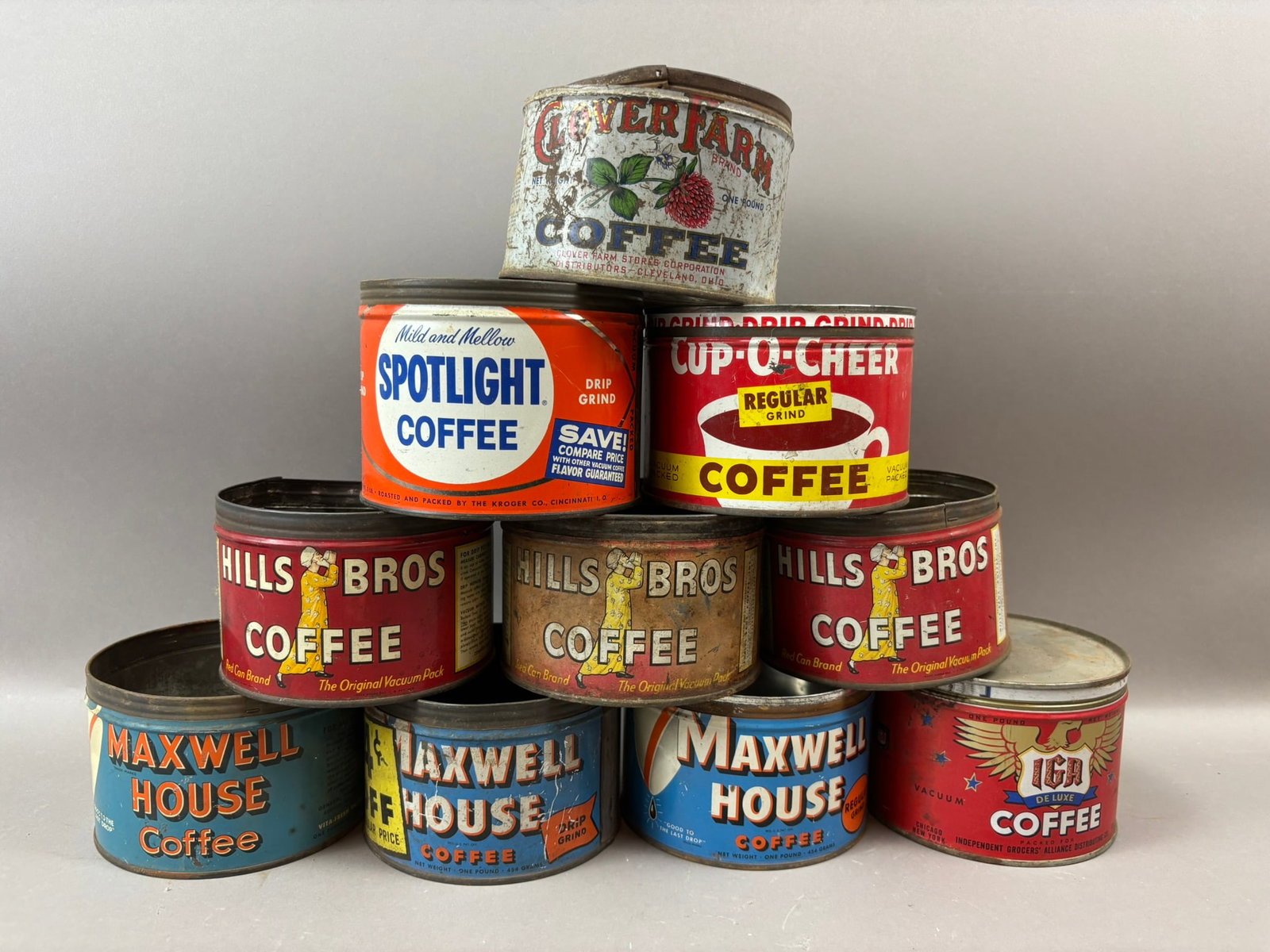 Lot 10 Clover Farm Spotlight Hills Bros IGA Maxwell House 1LB Tin Coffee Can: See all photos