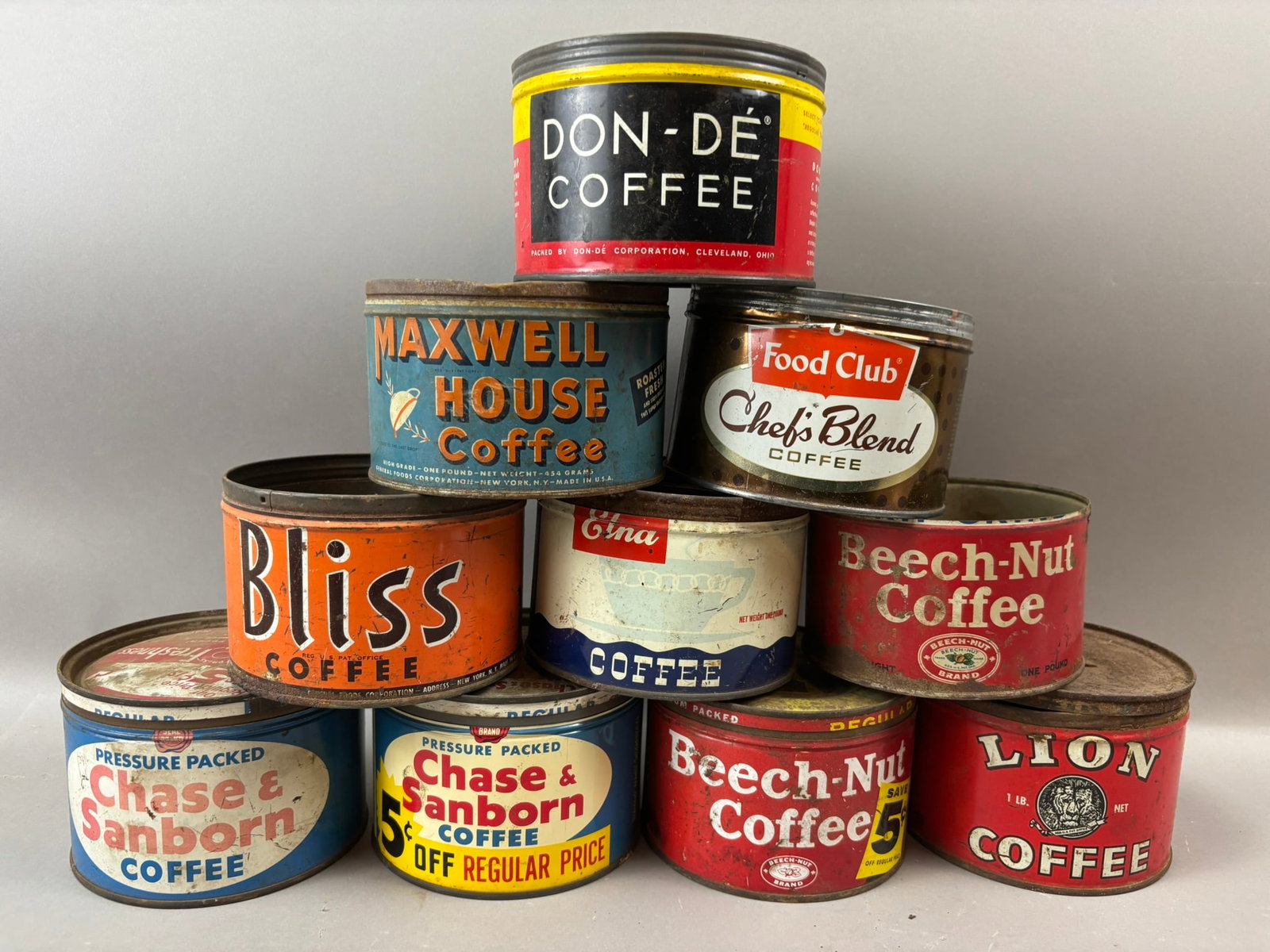 Lot 10 Beech-Nut Lion Chase Sanborn Bliss Don-De Elma 1LB 40s Tin Coffee Can (1 of 16)