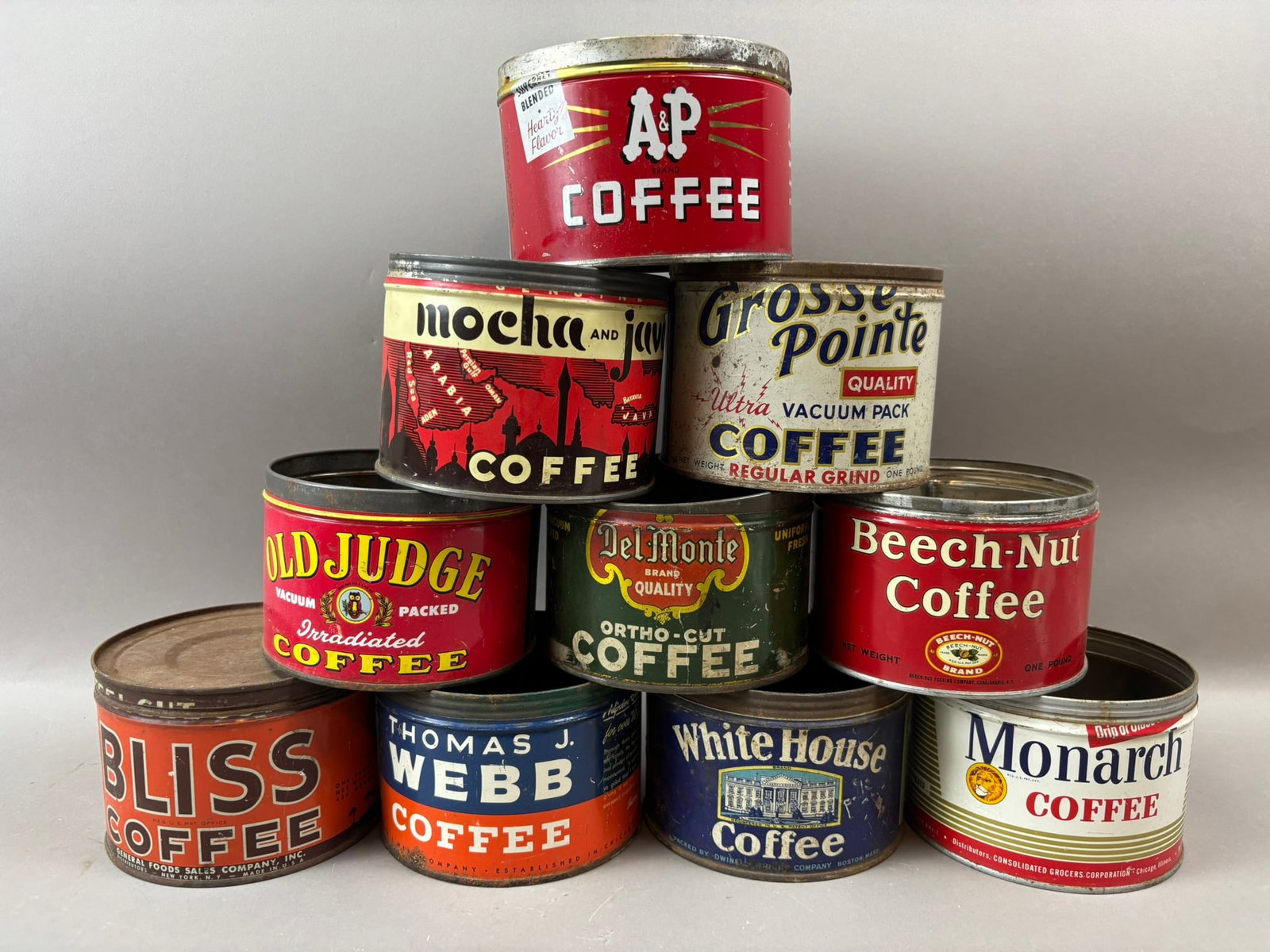 Lot 10 A&P Mocha Java Grosse Pointe Del Monte Old Judge Webb 1LB Coffee Can: See all photos