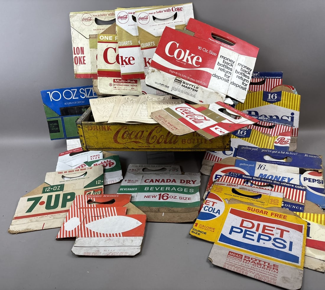Lot 21 Soda Pop Cardboard Carriers & Wood Crate Coca Cola Pepsi 7up Bubble Up (1 of 19)