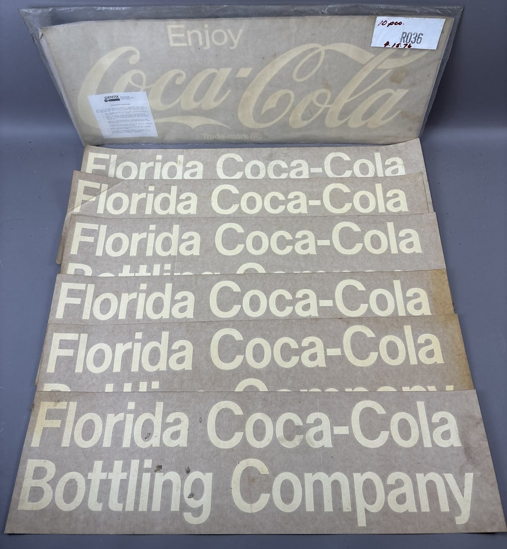 Lot 16 Original 1960s NOS Coca Cola Florida Bottling Co. Decal Stickers 24"x10": 6x 24.5" x 6.75" 10x 24" x 10"