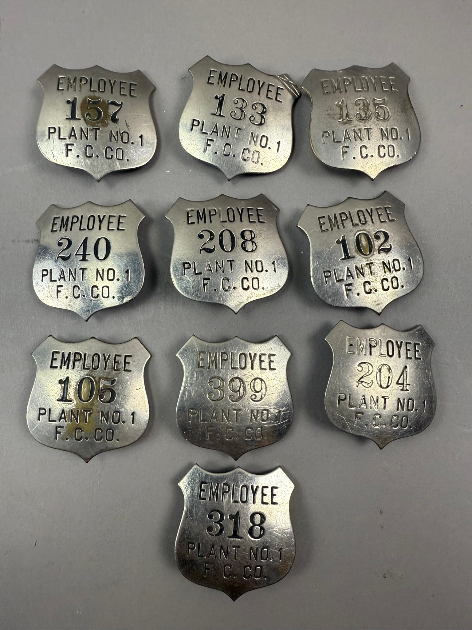 Lot 10 Original Employee Badges Nickel Plated Brass Plant No 1 F.C. Co (1 of 6)