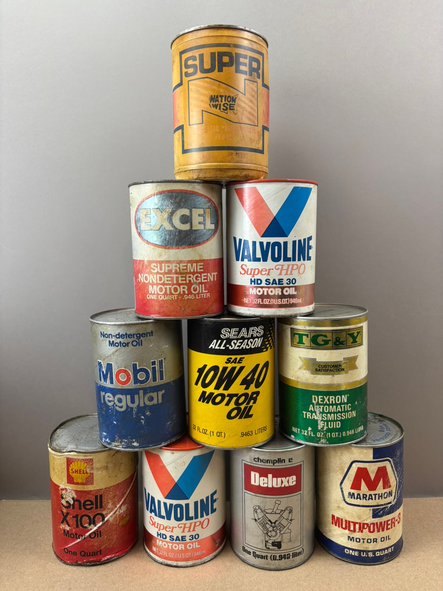 Lot 10 Full EXCEL Mobil Sears Marathon Deluxe Super N Composite Quart Oil Can: All full with contents.