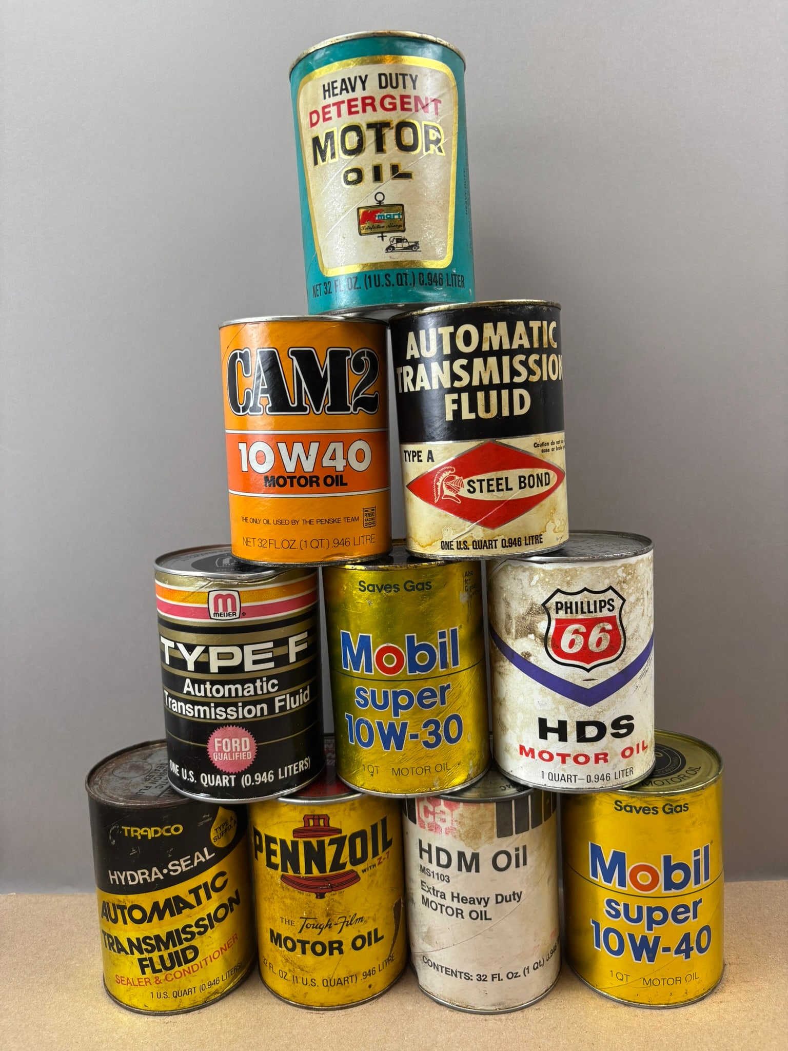 Lot 10 Full K-Mart Phillips 66 Mobil Case Cam 2 ATF Composite Quart Oil Can: All full with contents.