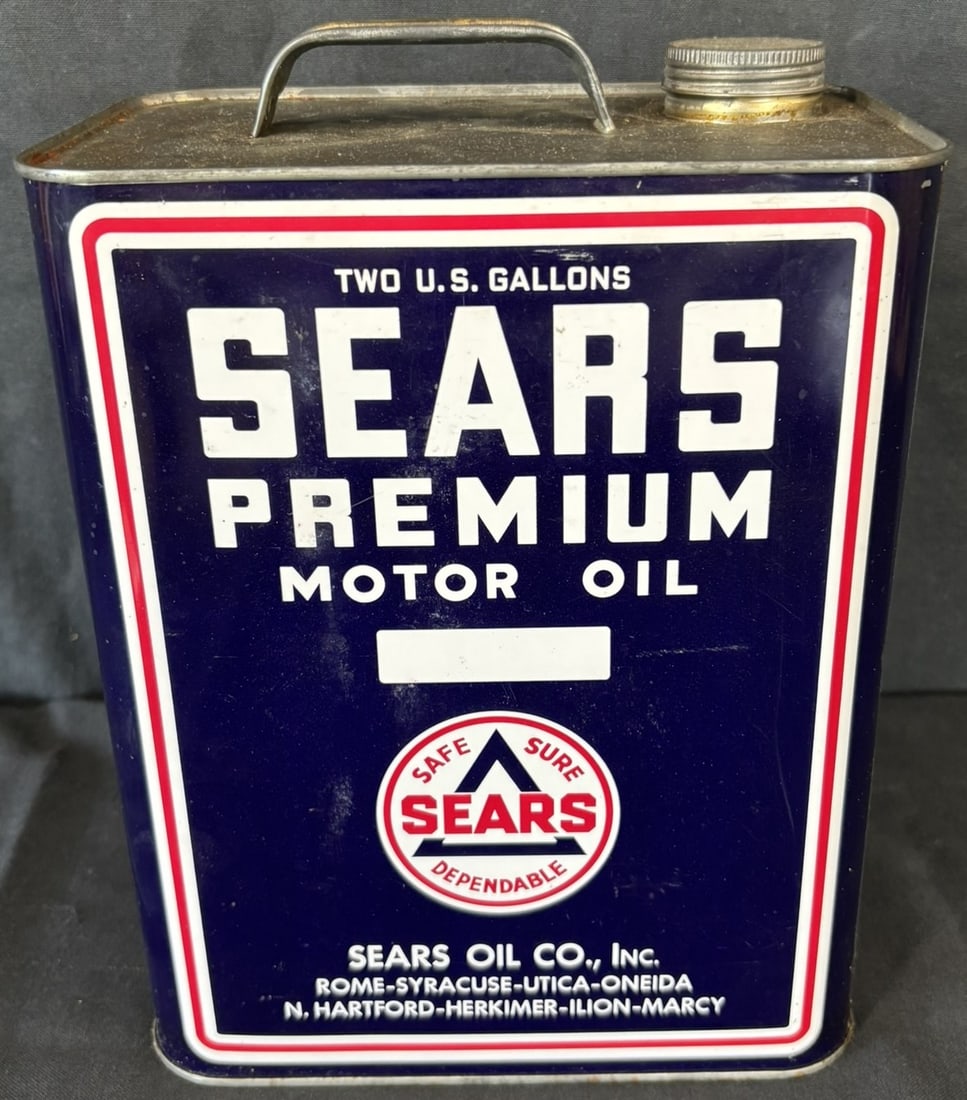 Sears Premium Motor Oil 2 Gallon Motor Oil Can w/ Sign Pole: Great original graphics. Wear as shown. See all photos for a better idea on condition.