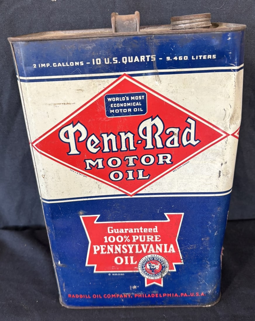 Penn-Rad Motor Oil 2 Imperial Gallons Quart Metal Can: Great original graphics. Wear as shown. See all photos for a better idea on condition.