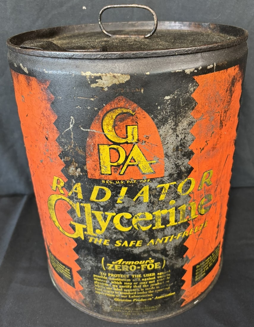 GPA Radiator Glycerine 5 Gallon Motor Oil Advertising Can: Scarce original GPA 5 Gallon can, circa 1930s. Made by Armour's.