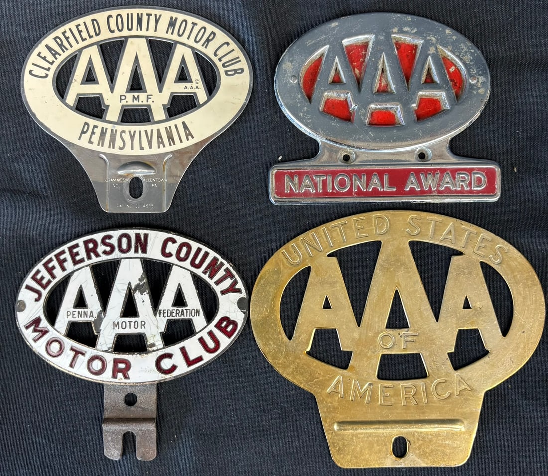 Lot 4 Porcelain & Stamped Metal AAA License Plate Toppers: Great original graphics. Wear as shown. See all photos for a better idea on condition.