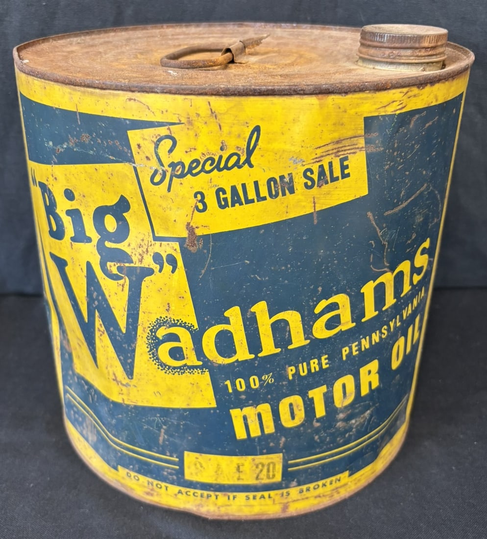Wadhams "Big W" Special 3 Gallon 1930s Motor Oil Can: Extremely scarce and hard to find 1930s Wadham's can. Wear as to be expected.