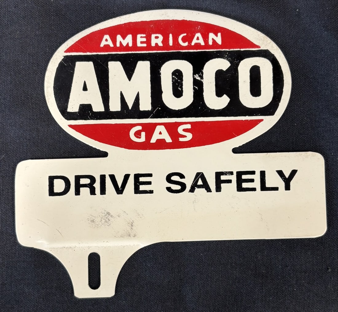 Amoco American Gas Drive Safely 6" License Plate Topper: 6.25" wide x 5.75" tall
