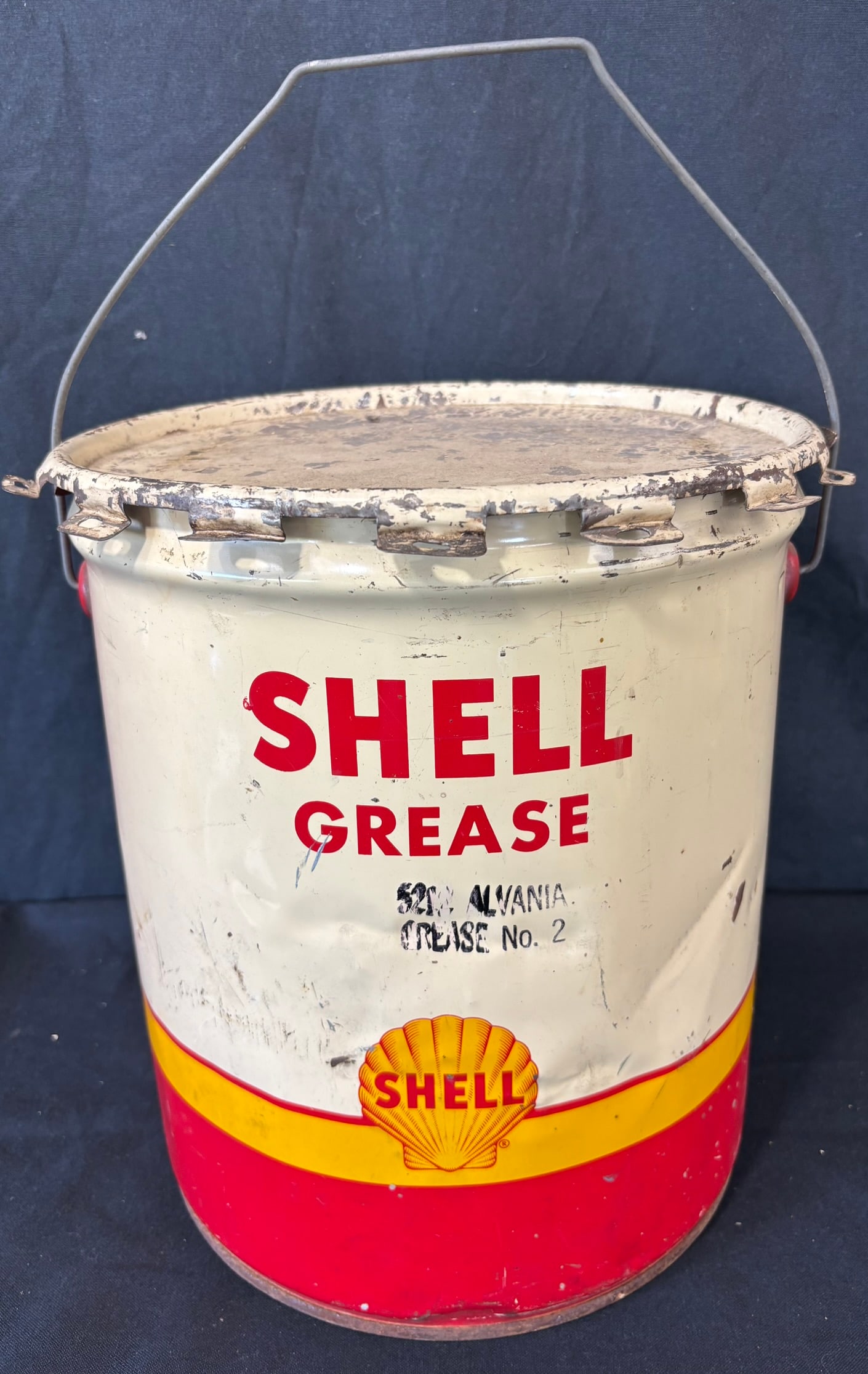 Shell Alvania Grease Original 35 Lb 1930s Metal Grease Can: Great original graphics. Wear as shown. See all photos for a better idea on condition.