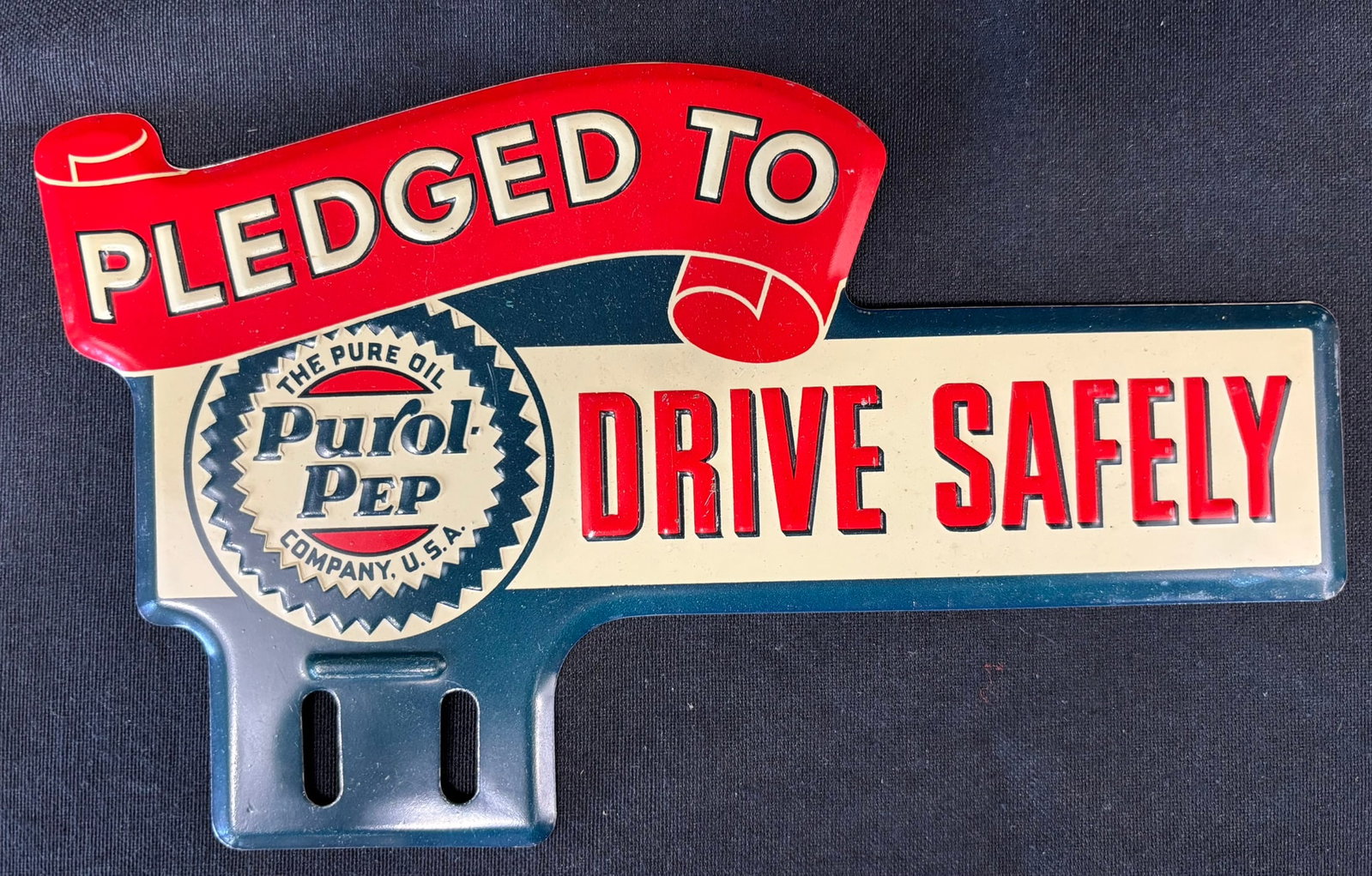Purol Pep The Pure Oil Drive Safely License Plate Topper: 9.5" x 5.75" - excellent original condition as shown.