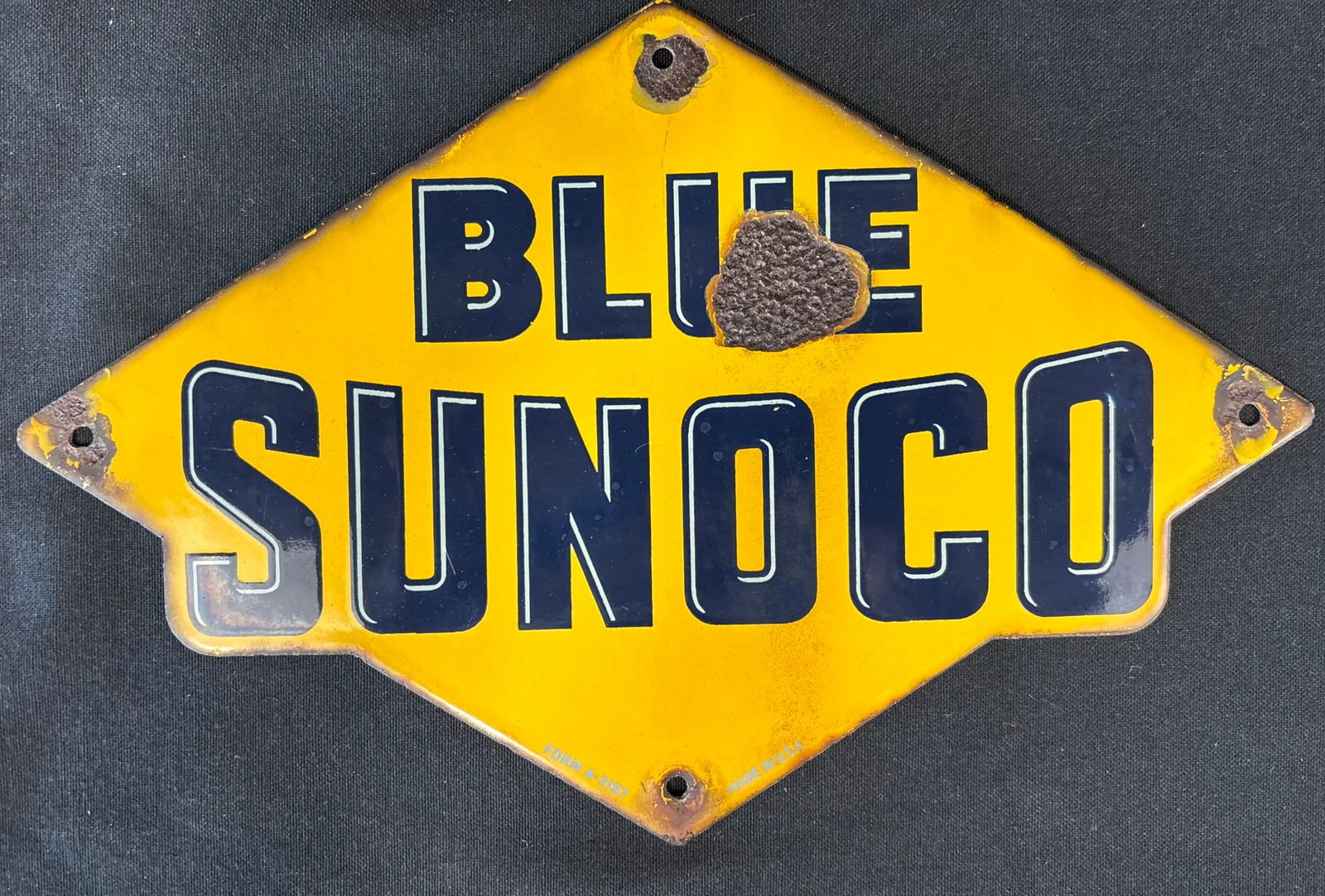 Blue Sunoco Porcelain Advertising Gas Pump Plate: Marked Form A-2157 Made In USA - 12" x 8"