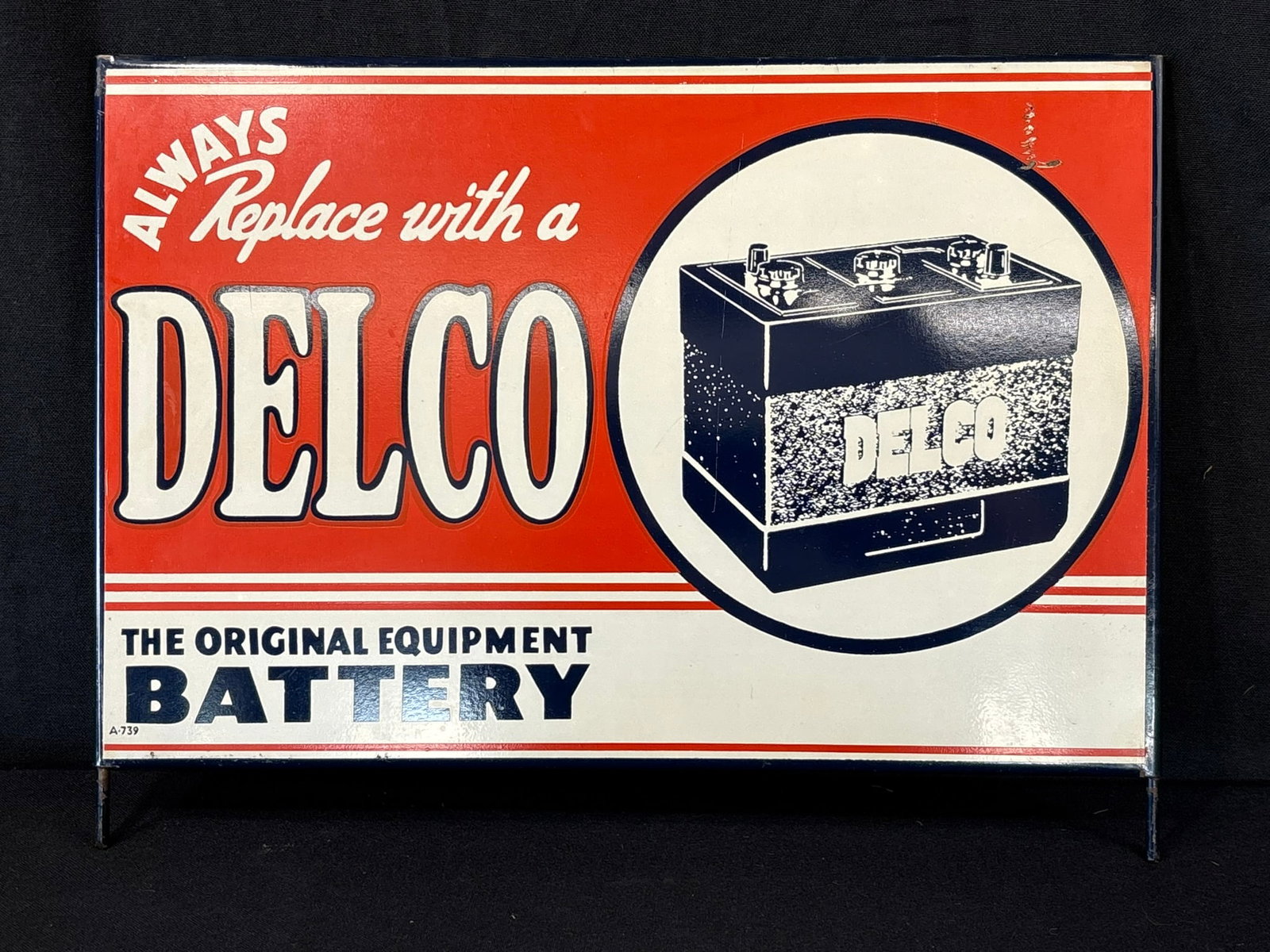 Delco Original Battery Equipment Metal Rack Topper Sign NOS: Measures 15" x 11.25"