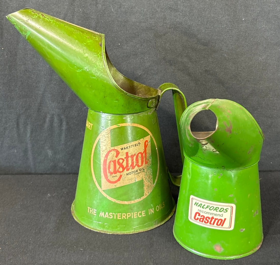 Pair Wakefield Castrol Motor Oil 1920s Metal Oiler Can: Great original graphics. Wear as shown. See all photos for a better idea on condition.