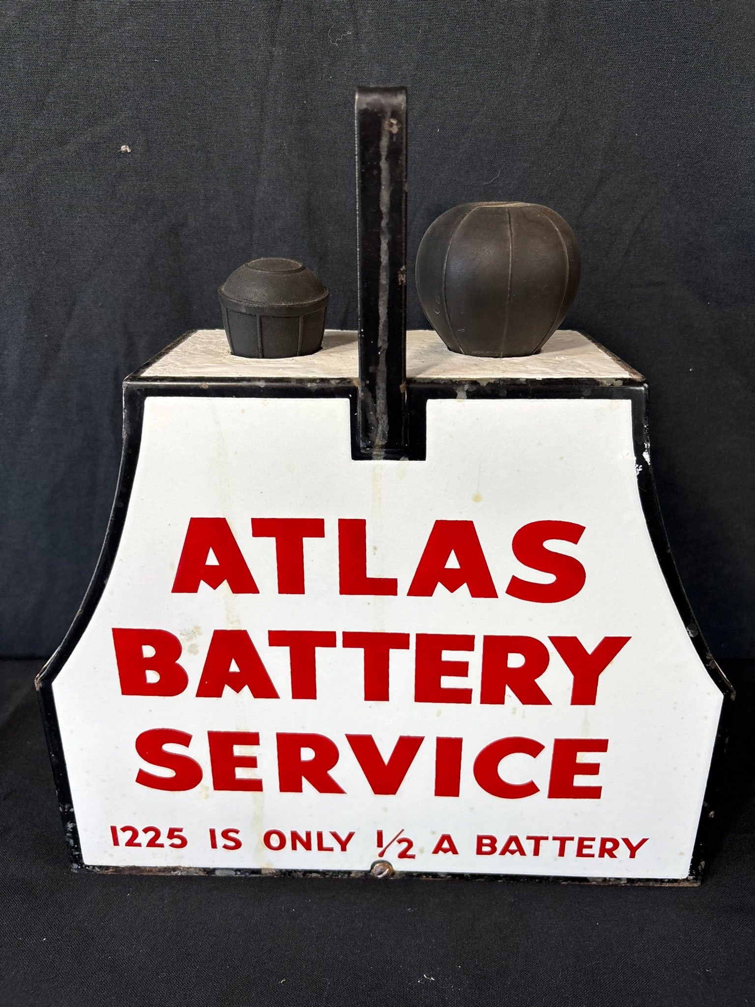 Atlas Battery Service Porcelain 50s Gas Station Service Kit: 15" tall roughly x 13" wide x 4.75" deep - top has some touch up paint. Overall the porcelain throughout is in excellent condition and retains great gloss. Great orig