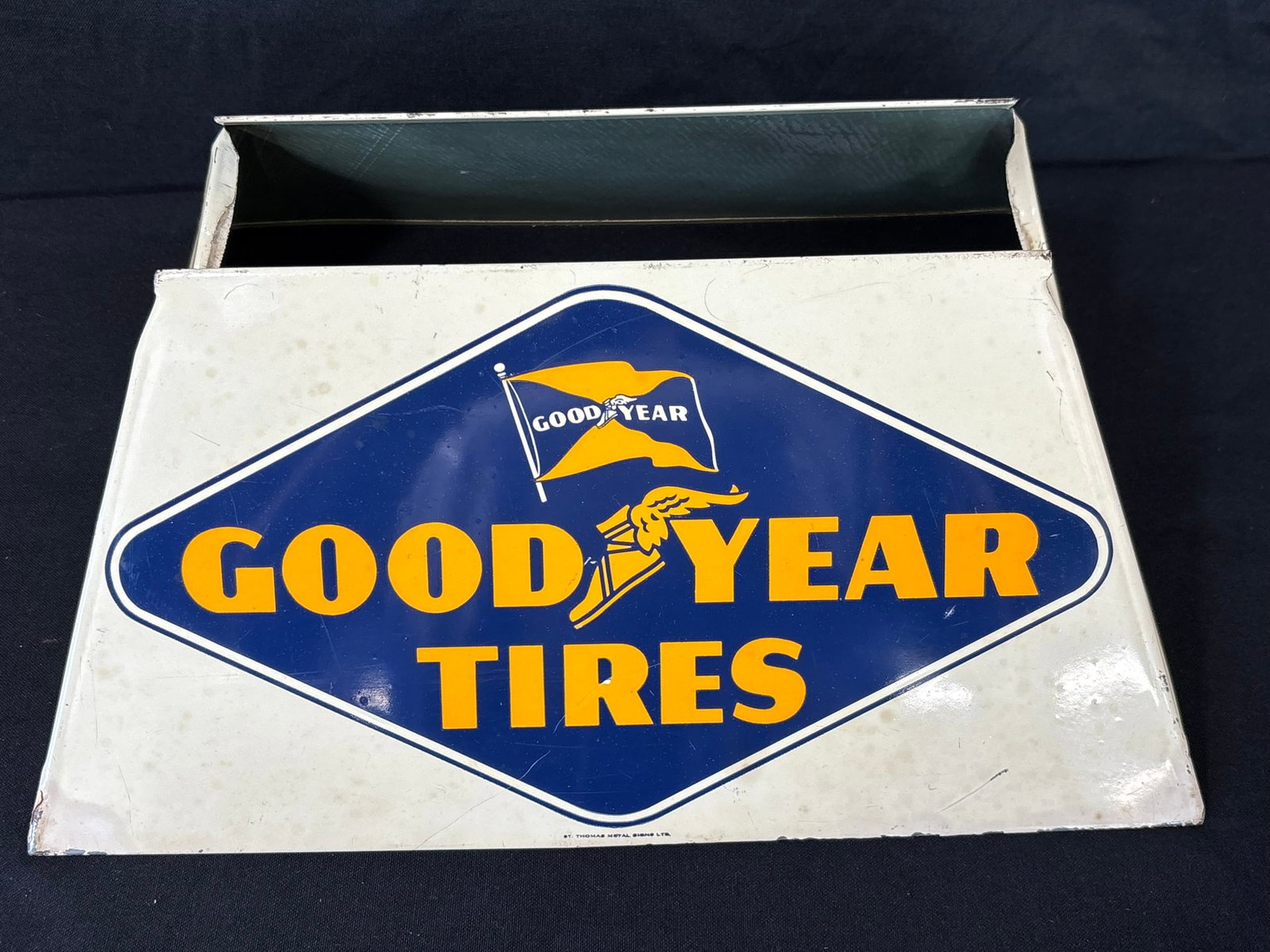 Goodyear Tires Painted Metal Advertising Tire Rack: Made by St Thomas Metal Signs - 15" x 7.5" tall