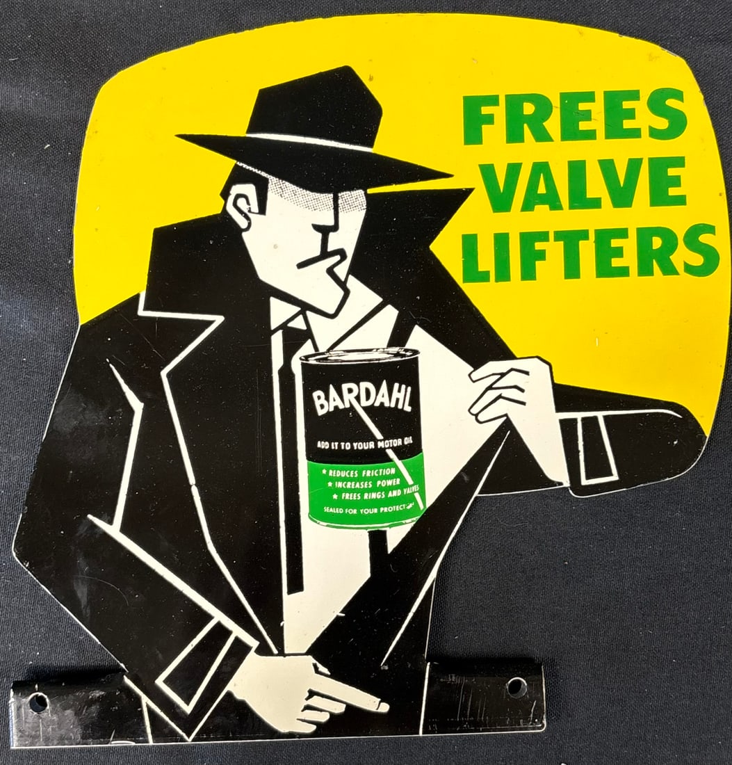 Bardahl "Frees Valve Lifters" w Logo Metal Rack Topper Sign: 9.75" x 9.5" - Great original single sided painted metal.