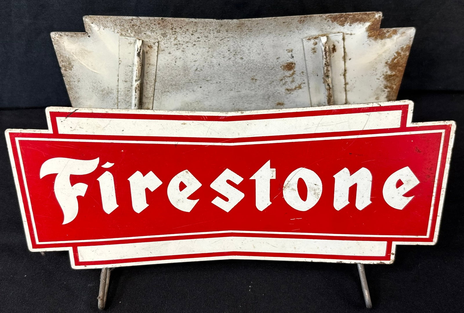 Firestone Tires Painted Metal Advertising 1950s Tire Rack: Great original graphics. Wear as shown. See all photos for a better idea on condition.