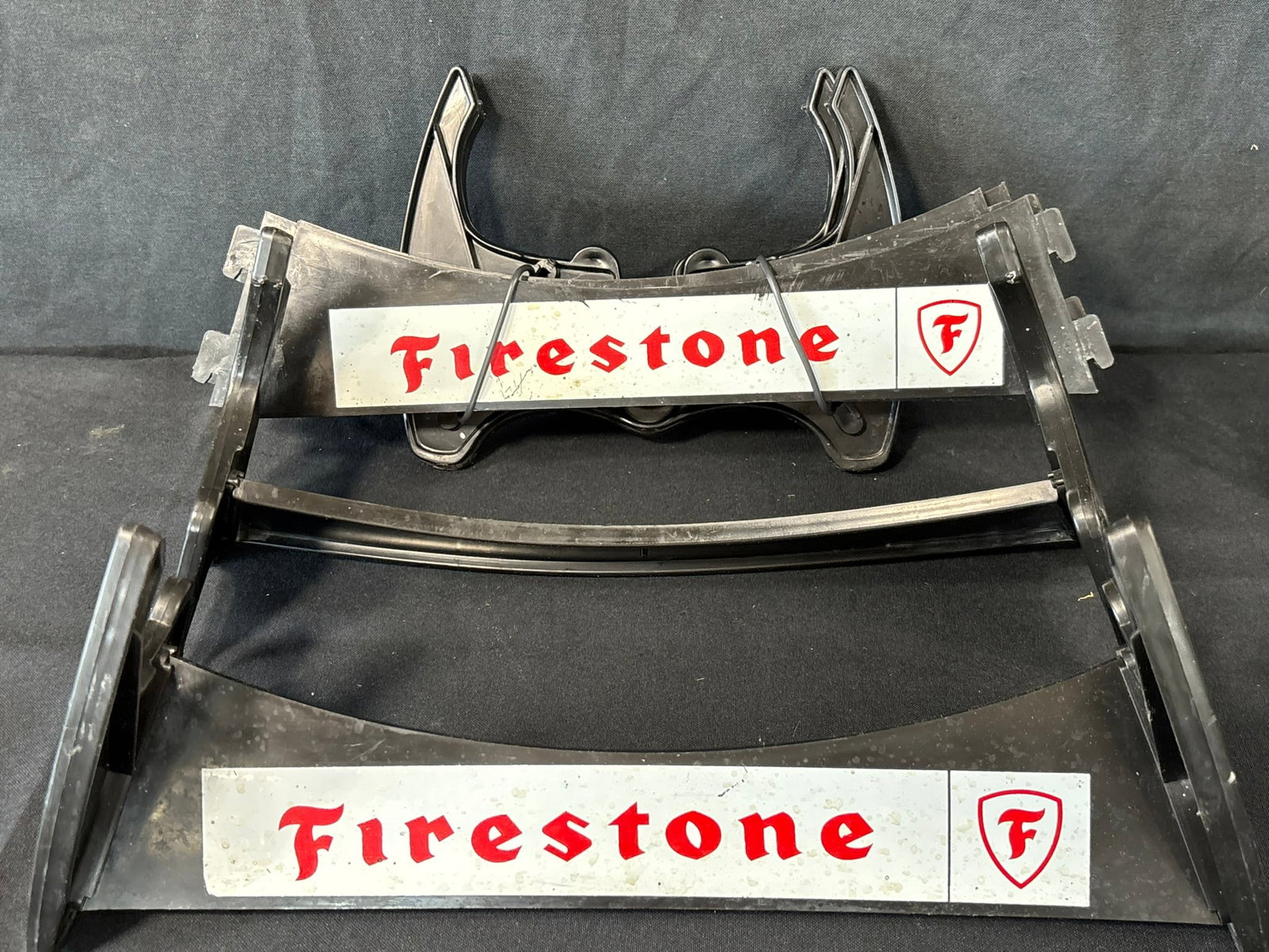 Pair Firestone Plastic Original Store Display Tire Racks NOS: Great original graphics. Wear as shown. See all photos for a better idea on condition.