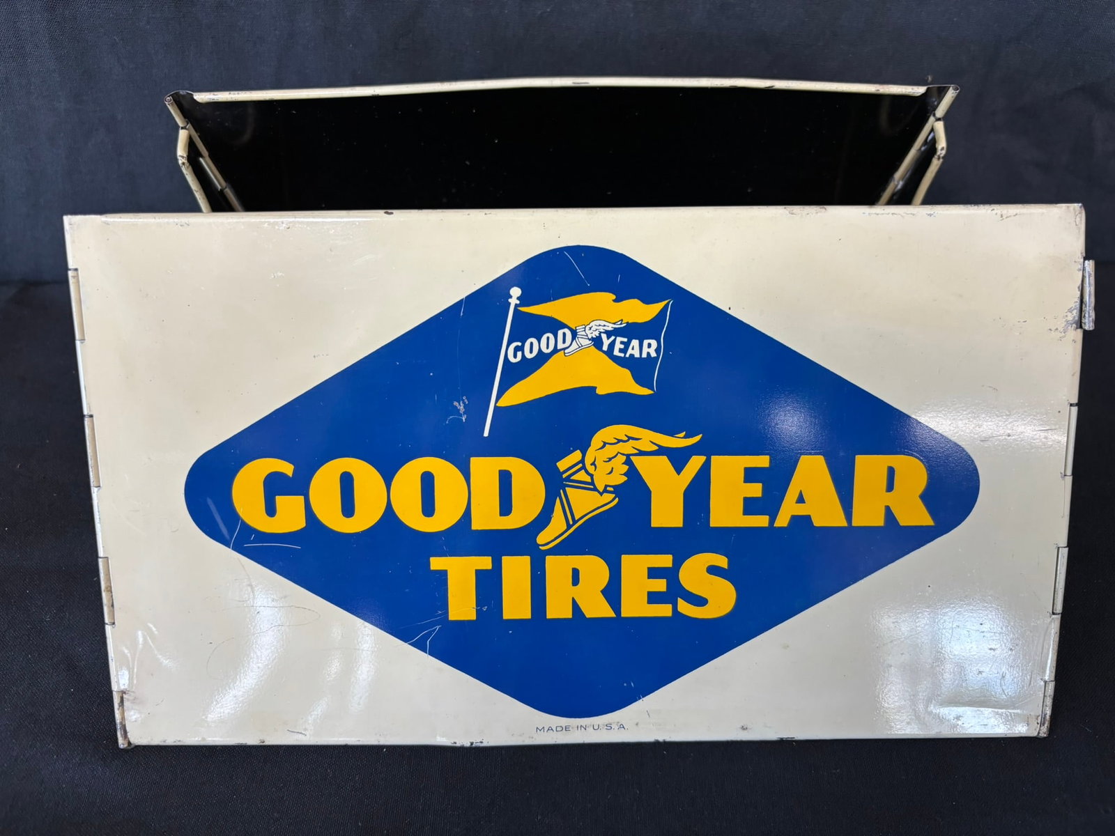 Goodyear Tires Painted Metal Tire Rack Doering Bros: Great original graphics. Wear as shown. See all photos for a better idea on condition.