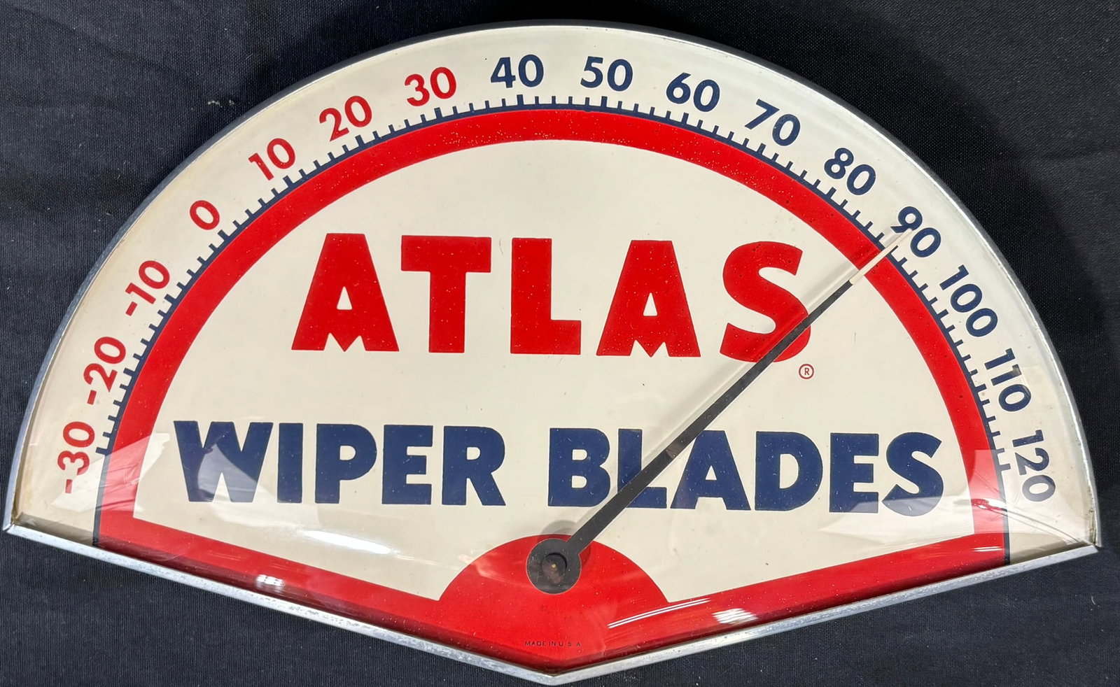 Atlas Wiper Blades Original Glass 60s Thermometer Sign: 15" x 9" original working thermometer. Great condition.