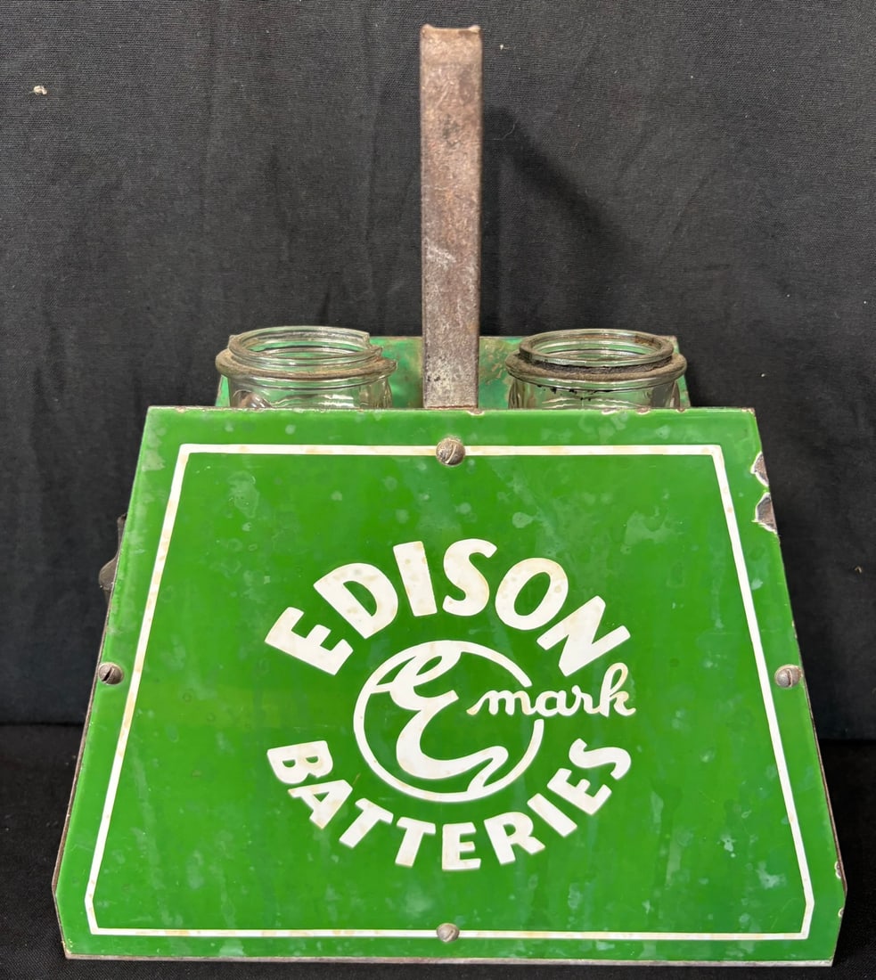 Edison Batteries EMark Porcelain Service Station Battery Kit: 14" wide x 15" tall - great original carrier with two glass bottles (one is chipped on the brim as shown) - wonderful display piece!