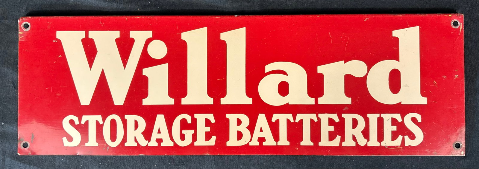 Willard Store Batteries SST Painted Metal Rack Topper Sign: 22" x 7" with slipped edge