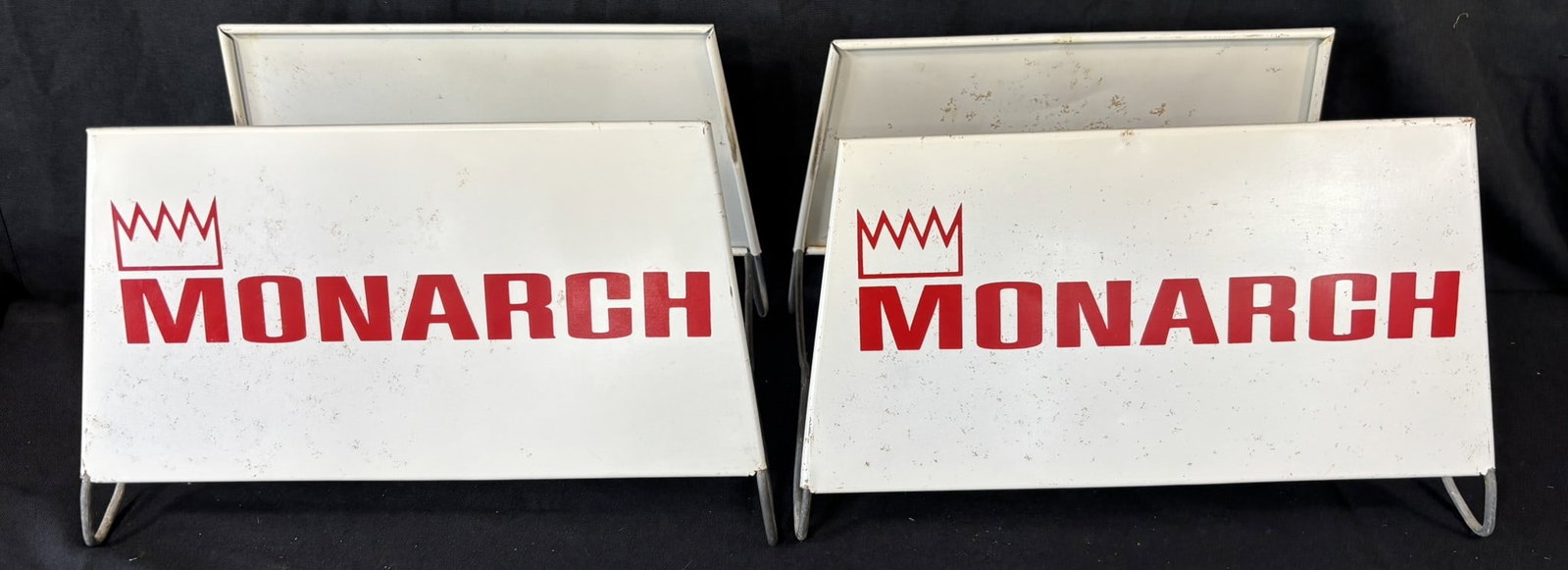Pair Monarch Painted Metal Store Display Tire Rack Signs: Great original graphics. Wear as shown. See all photos for a better idea on condition.
