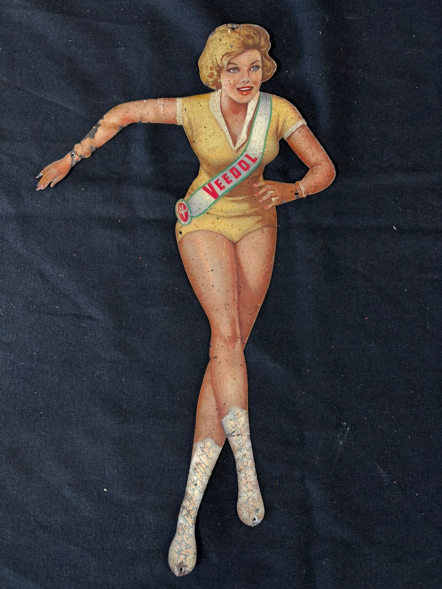 Veedol Skating Girl Diecut SST Painted Metal Sign Short Hair: Roughly 17" x 10"
