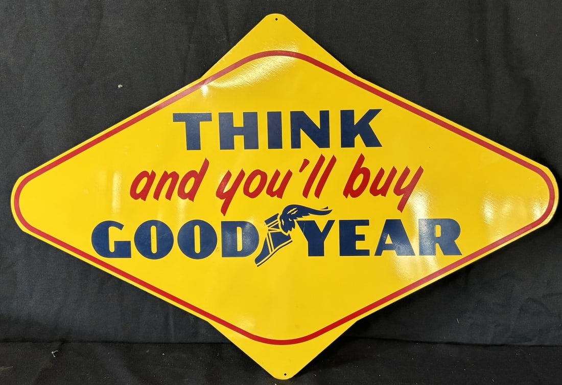 Think And You'll Buy Goodyear SST Painted Metal Sign NOS: Appears NOS - minimal wear, great gloss & incredible colors. Measures 27" x 18"