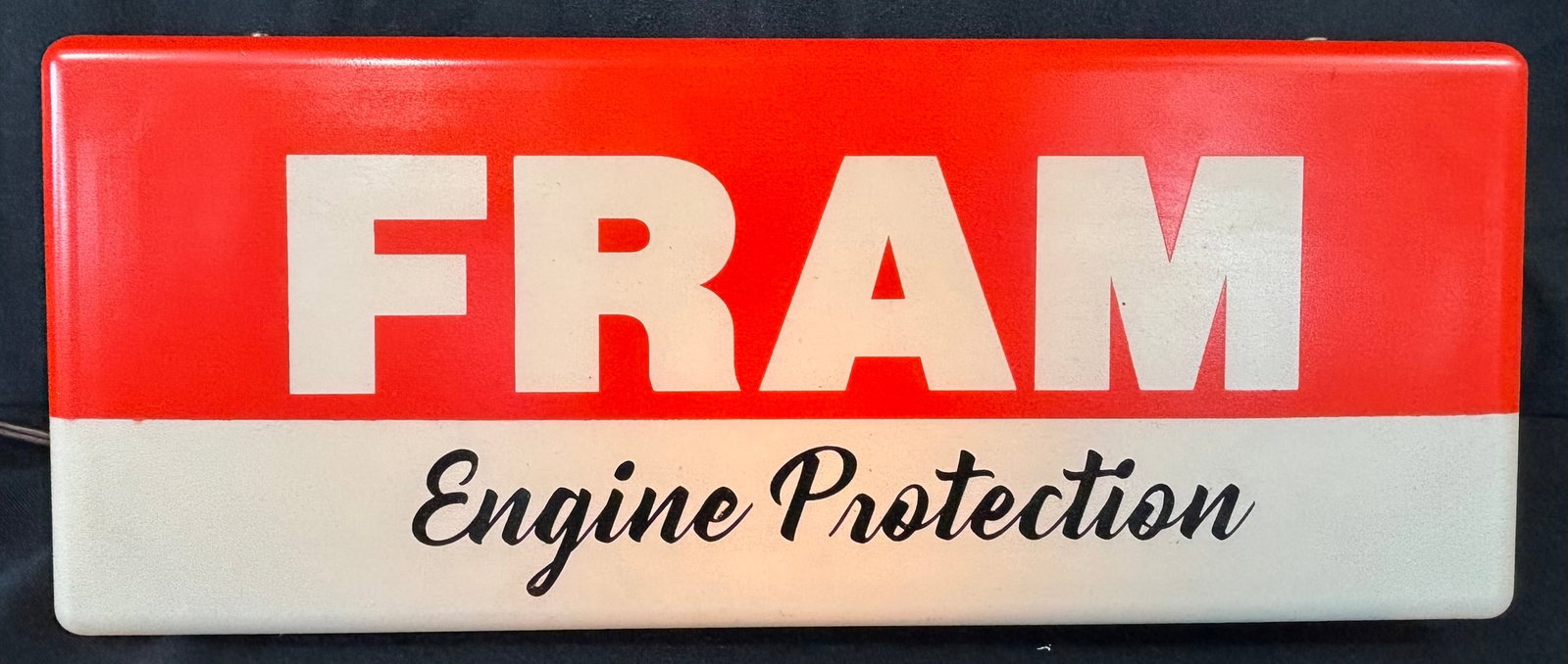 Fram Engine Protection Original Plastic Metal Lighted Sign: 15" wide - lights up and works!