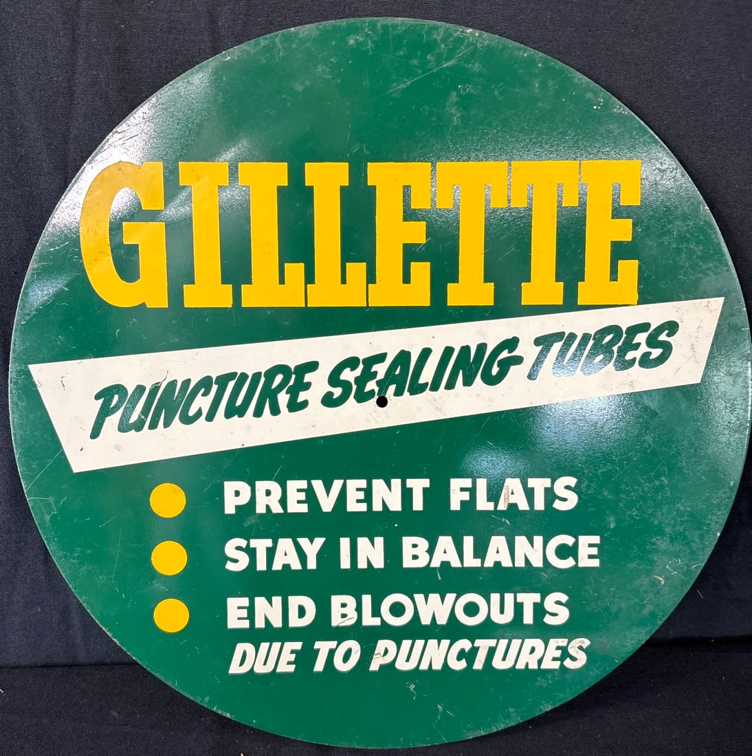 Gillette & Fisk Tires Puncture Sealing Tube DST Metal Sign: 16" diameter