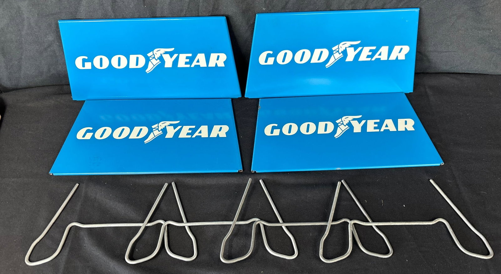 Pair 80s Goodyear Painted Metal Store Display Tire Rack Sign: Great original graphics. Wear as shown. See all photos for a better idea on condition.