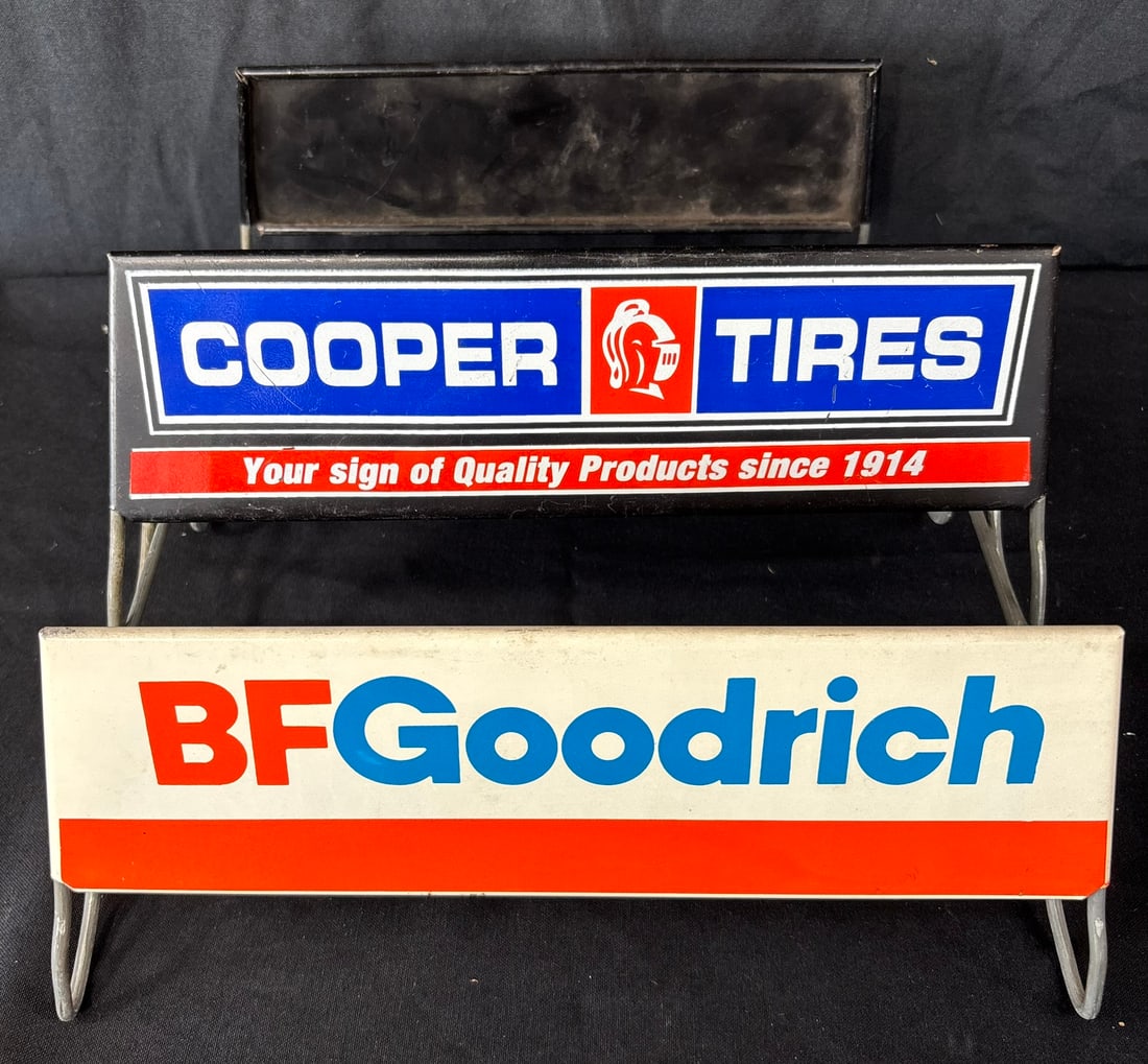 BF Goodrich & Cooper Tires Pair Painted Metal Tire Racks: Great original graphics. Wear as shown. See all photos for a better idea on condition.