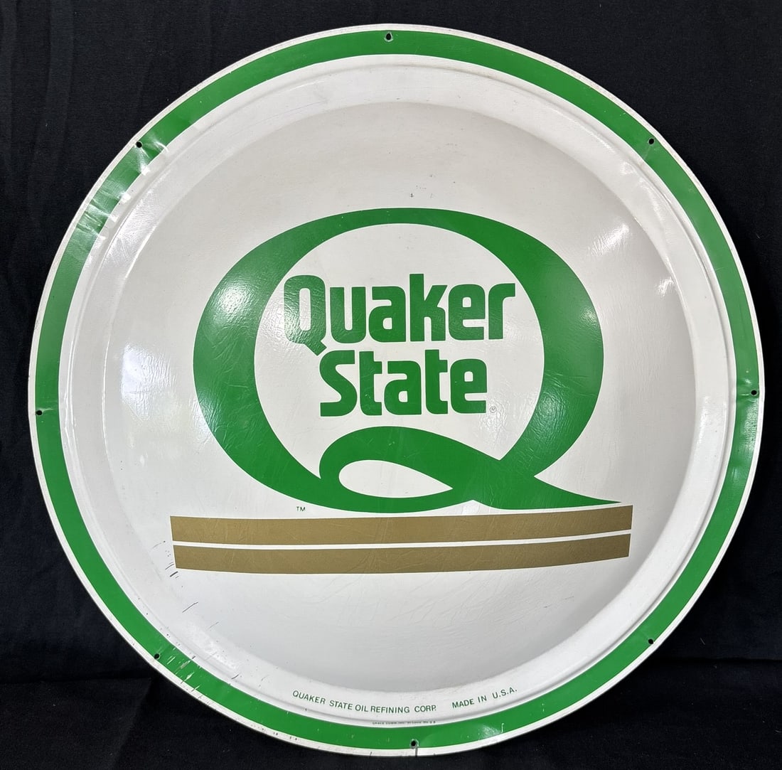 Quaker State 23.5" Convex Motor Oil Painted Metal Sign: 23.5" - marked Grace Comm Inc St Louis Mo 6-8. Super strong condition.