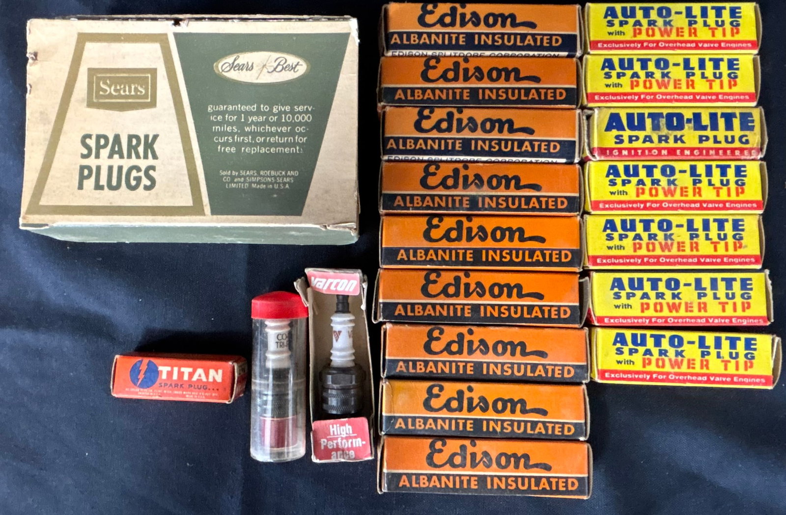 Lot 29 NOS Spark Plugs Sears Box Edison & Auto Lite: Great original graphics. Wear as shown. See all photos for a better idea on condition.