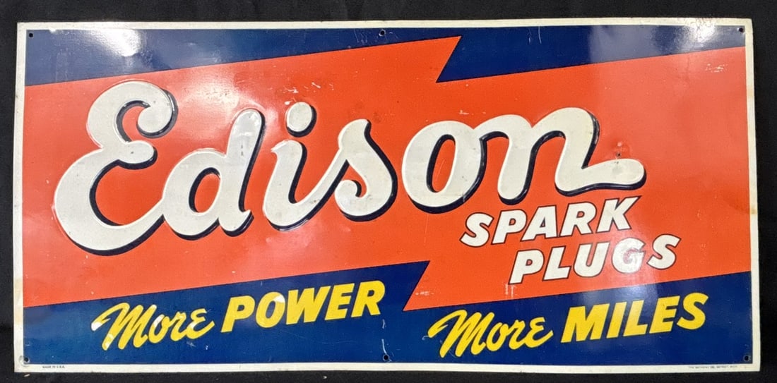 Edison Spark Plugs More Power More Miles SST Embossed Sign: Marked "The Mathews Co Detroit, Mich" - Measures 23.5" x 11.5"