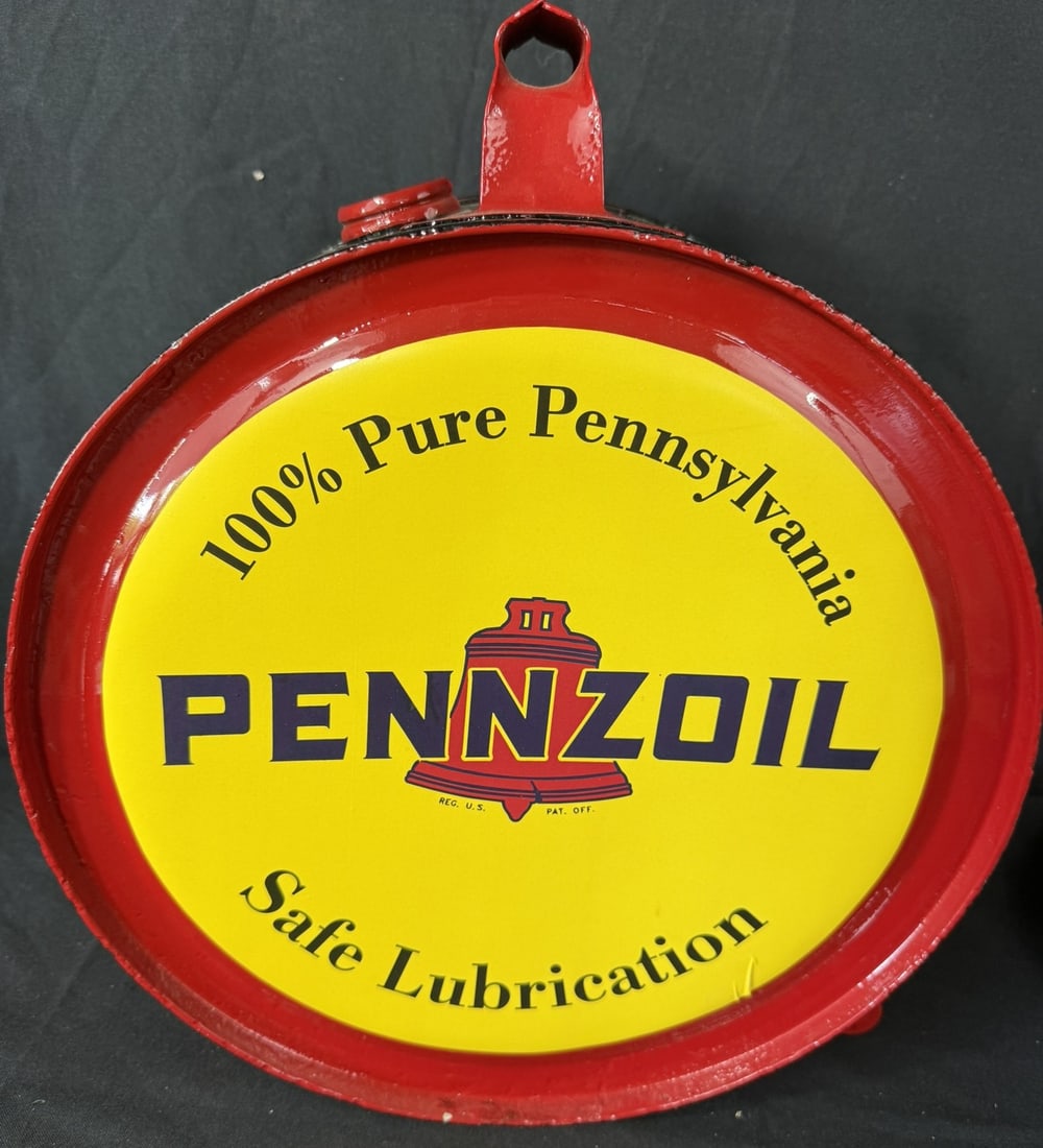 Pennzoil Restored & Repainted 5 Gallon Rocker Motor Oil Can: Repainted with new pennzoil decals applied.