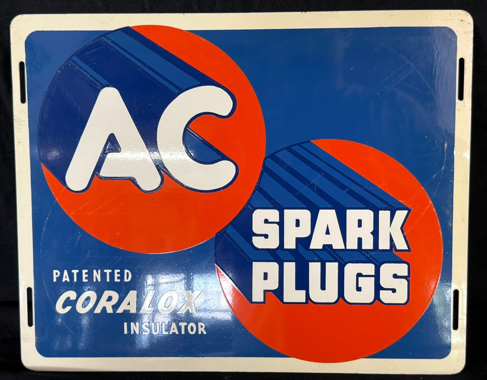 AC Spark Plugs Patented Coralox Insulator SST Painted Sign: 15" x 12" - excellent original condition as shown.