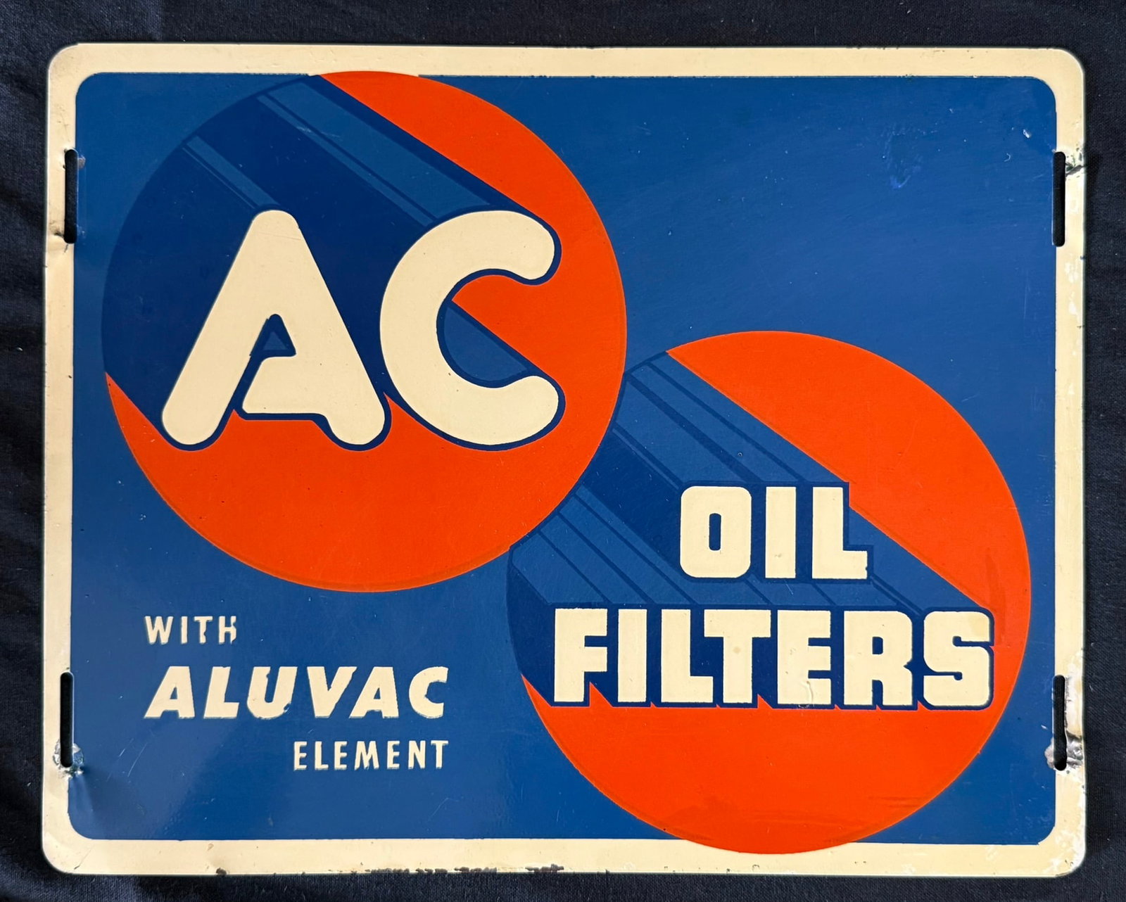 AC Oil Filters w/ Aluvac Element SST Painted Metal Sign: 15" x 12" - excellent original condition as shown.