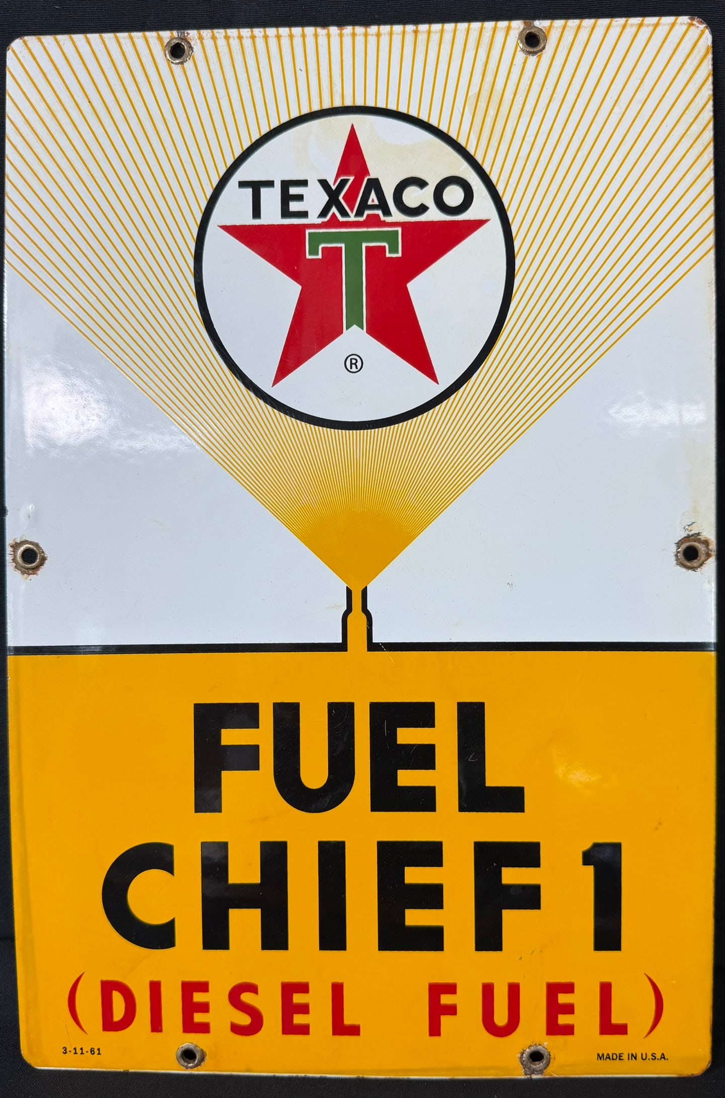 Texaco Fuel Chief 1 Diesel Fuel Yellow Porcelain Pump Sign: Marked bottom left 3-11-61 & bottom right Made In USA - measures 18" x 12"